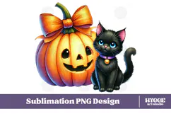 Coquette Halloween Pumpkin Black Cat PNG DTF Sublimation Product Image 1