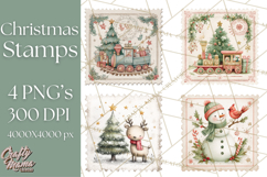 Vintage Christmas Stamp Clipart PNG Watercolor Product Image 1