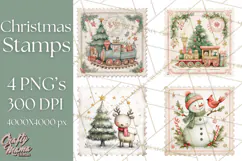 Vintage Christmas Stamp Clipart PNG Watercolor Product Image 1