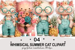 Whimsical Summer Cat Clipart Watercolor png Product Image 1