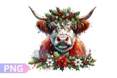 Christmas Floral Cow Sublimation - Clipart PNG Design Product Image 1