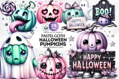 Pink Pastel Goth Halloween Ghost PNG Set, Cute Spooky Kawaii Product Image 1