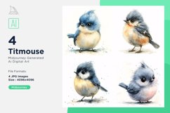 Cute Titmouse Bird Baby Watercolor illustration Set 4 Product Image 1