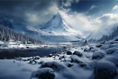 Serene snowy scene with a towering peak and a tranquil river Product Image 1