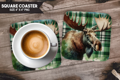 Deer, Woodland Animals, Buffalo Plaid Square Coaster PNG Product Image 1