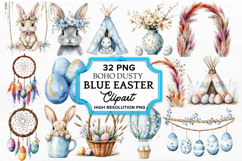 Boho Dusty Blue Easter Clipart Bundle PNG Product Image 1