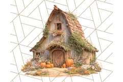Fall Barn Clipart PNG With Pumpkins and Flowers, Autumn Png Product Image 5