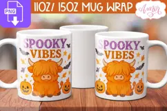 Spooky vibes mug wrap PNG, Cute Halloween highland cow mug Product Image 2