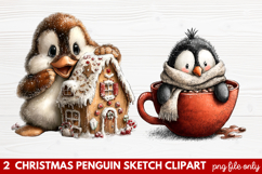 Christmas Penguin Sketch Clipart | Hand-Drawn Holiday Product Image 1