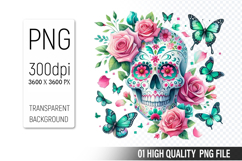 Sugar Skull Clipart PNG, Sublimation Skull Flowers Product Image 1