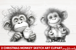 Christmas Monkey Sketch Art Clipart | Hand-Drawn Holiday Product Image 1