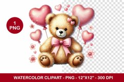 valentine png watercolor clipart - teddy bear with hearts Product Image 1