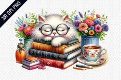 Books And Sleeping Cat Sublimation - Clipart PNG Design Product Image 1