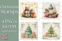 Vintage Christmas Stamp Clipart PNG Watercolor Product Image 1