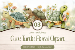 Cute Turtle Floral Clipart PNG Product Image 1