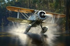Vintage seaplane landing on water at sunset Product Image 1
