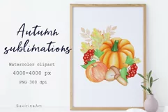 Watercolor Clipart Autumn.Pumpkin PNG Sublimation. Product Image 1