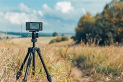 Camera standing on tripod filming beautiful landscape in a s Product Image 1
