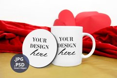 White Coffee Mug Round Coaster mockup Valentine's Day PSD Product Image 4