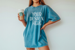 Comfort Colors 1717 Topaz Blue T-shirt Mockups, Real Model Product Image 1