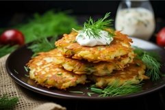Potato pancakes with fresh dill on dark plate Product Image 1