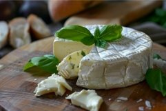 Round camembert cheese decorated with basil sitting on woode Product Image 1