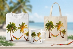 Tropical Palm Trees with Hammock PNG Summer Beach Clipart Product Image 1