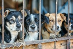 Four dogs with expressive eyes peer through the bars of a ke Product Image 1