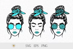 Girl with messy bun, bandana and glasses svg, Leopard print Product Image 1
