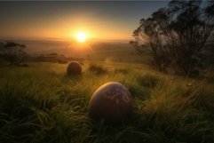 Surreal sunset with earth spheres on grassland Product Image 1