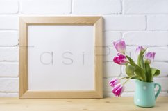 Wooden square frame mockup with pink tulip in mint pitcher vase Product Image 2