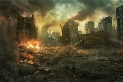 Dramatic image of a city in ruins with fire and smoke after Product Image 1