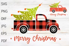 Christmas truck svg, red truck with tree buffalo plaid svg. Product Image 1