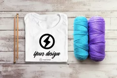 tee with knitting needles and yarn craft mockup