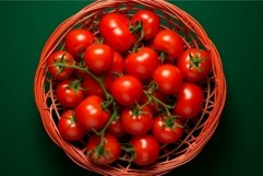 Fresh tomatoes in red basket on green background Product Image 1