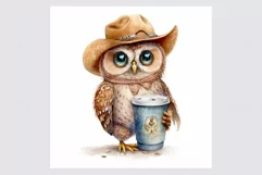 Owl drinking coffee clipart, Owl clipart, Cowboy hat Product Image 2