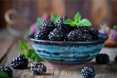 Fresh blackberries overflowing in rustic blue bowl on wooden Product Image 1