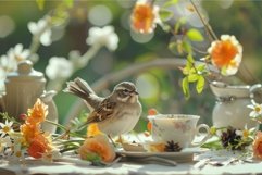 Little bird standing on a table with tea set and flowers in Product Image 1