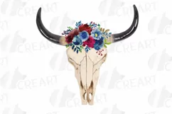 Watercolor Floral Bull Skull clipart, Indian Tribal vector Product Image 3
