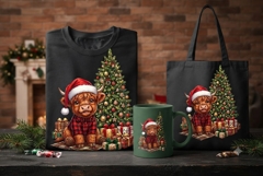 Christmas Highland Cow PNG, Santa Cow &amp; Tree Holiday Clipart Product Image 1