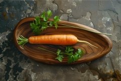 Single fresh carrot lying on wooden plate with parsley Product Image 1
