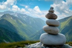 Balanced stone cairn in mountainous landscape Product Image 1