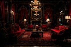 Luxurious vintage living room interior with red velvet sofas Product Image 1