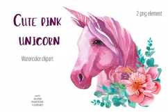 Cute pink unicorn clipart Watercolor Product Image 1