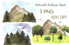 Watercolor mountain landscape clipart. Mountain scenery PNG Product Image 1
