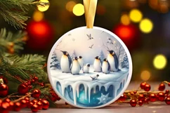 Round Winter Scene with Penguins Ornament Sublimation PNG Product Image 3