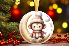 Round Christmas Baby Monkey Digital Painting Sublimation PNG Product Image 1