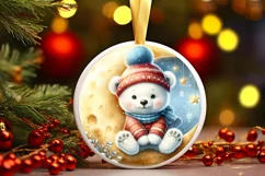 Retro Baby Polar Bear on Moon Round Ornament Sublimation PNG Product Image 2