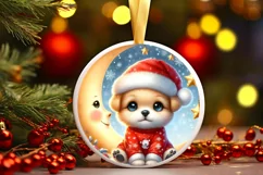 Retro Baby Puppy on Moon Round Christmas Ornament Product Image 1