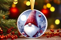 Watercolor Christmas Gnome Round Ornament Sublimation PNG Product Image 3